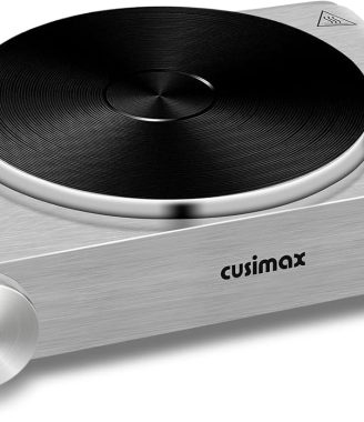 CUSIMAX Electric Hot Plate 1500W Single Burner Cast Iron Hot Plates for cooking Portable Stove Electric Burner with Adjustable Temperature Control Silver Stainless Steel Non-Slip Rubber Feet