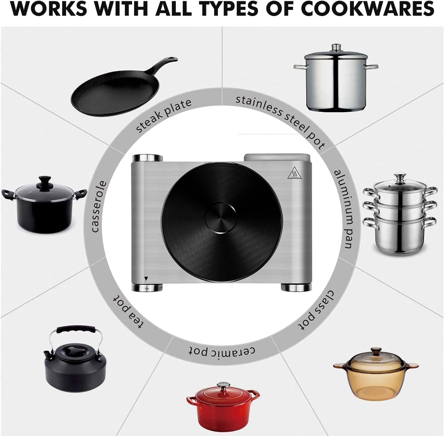 CUSIMAX Electric Hot Plate 1500W Single Burner Cast Iron Hot Plates for cooking Portable Stove Electric Burner with Adjustable Temperature Control Silver Stainless Steel Non-Slip Rubber Feet - Image 2