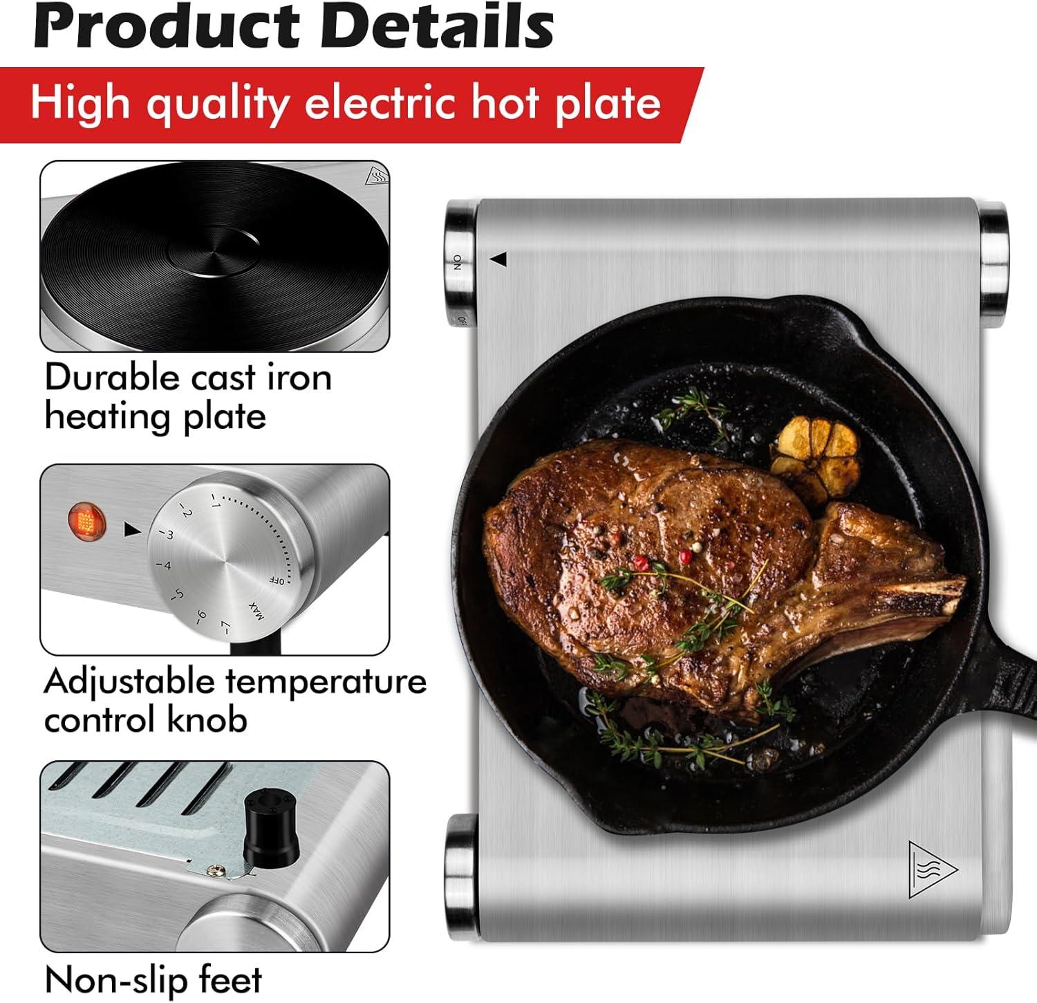 CUSIMAX Electric Hot Plate 1500W Single Burner Cast Iron Hot Plates for cooking Portable Stove Electric Burner with Adjustable Temperature Control Silver Stainless Steel Non-Slip Rubber Feet - Image 3