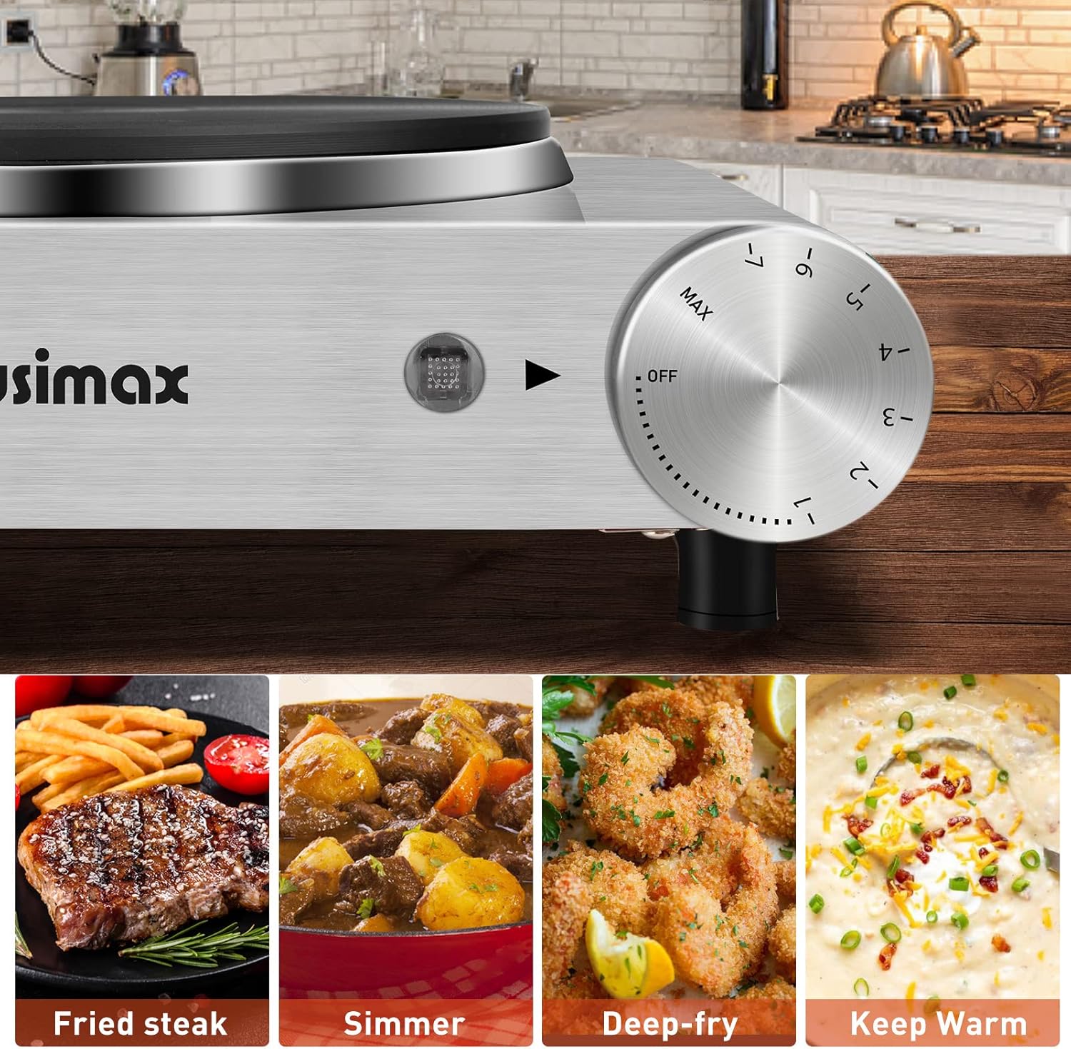 CUSIMAX Electric Hot Plate 1500W Single Burner Cast Iron Hot Plates for cooking Portable Stove Electric Burner with Adjustable Temperature Control Silver Stainless Steel Non-Slip Rubber Feet - Image 5