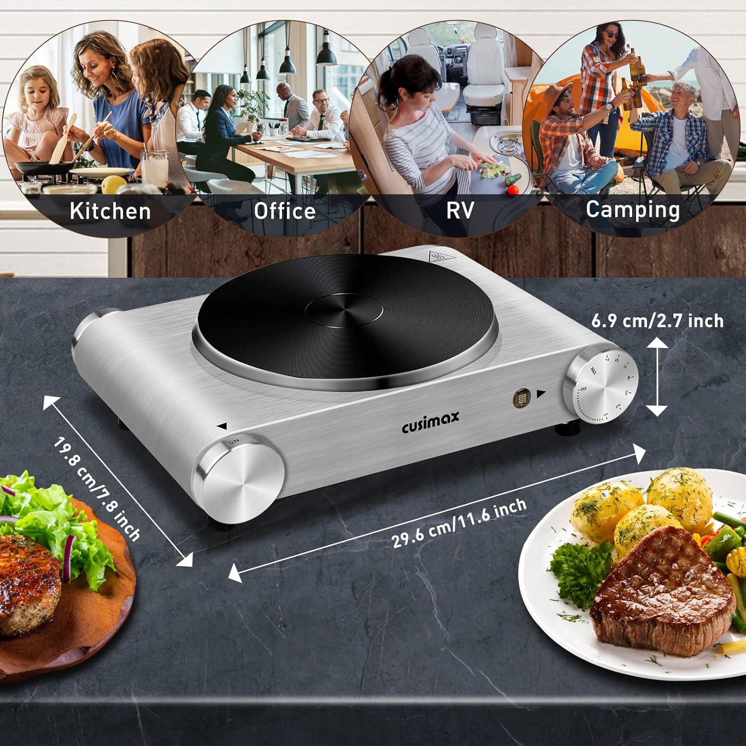CUSIMAX Electric Hot Plate 1500W Single Burner Cast Iron Hot Plates for cooking Portable Stove Electric Burner with Adjustable Temperature Control Silver Stainless Steel Non-Slip Rubber Feet - Image 6