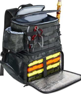 MATEIN Fishing Backpack, Water Resistant Fishing Tackle Box Bag with Rod Holders & Cooler, Gear Gifts for Men