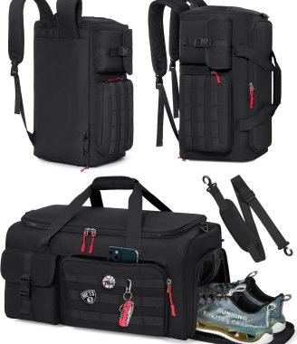 Gym Bag for Men, 45L Sports Travel Duffel Bag with Shoe & Laptop Compartment, Gym Workout Backpack Carry On Weekender Bag Overnight Backpack for Travel, Black